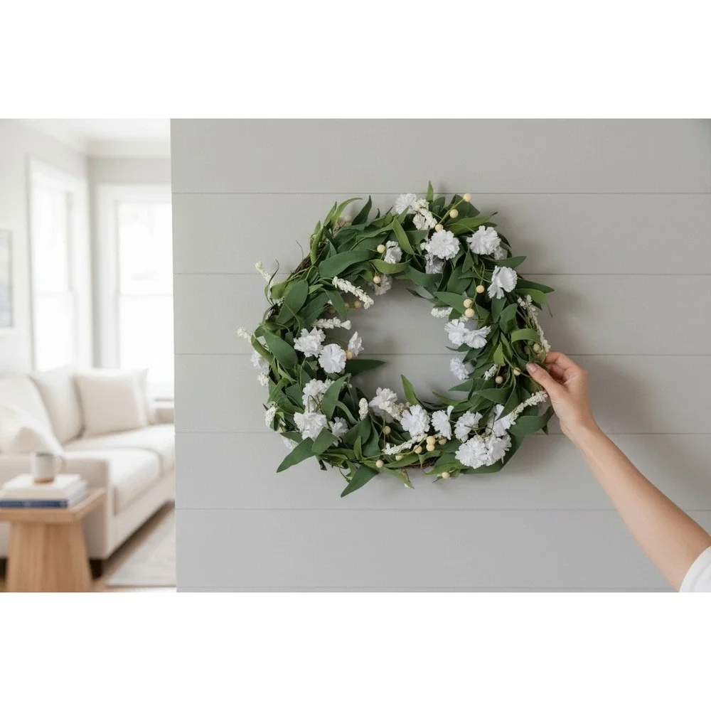 Naturals Brands Floral Wreath Home 16in Green White NWOT Grapevine Rustic